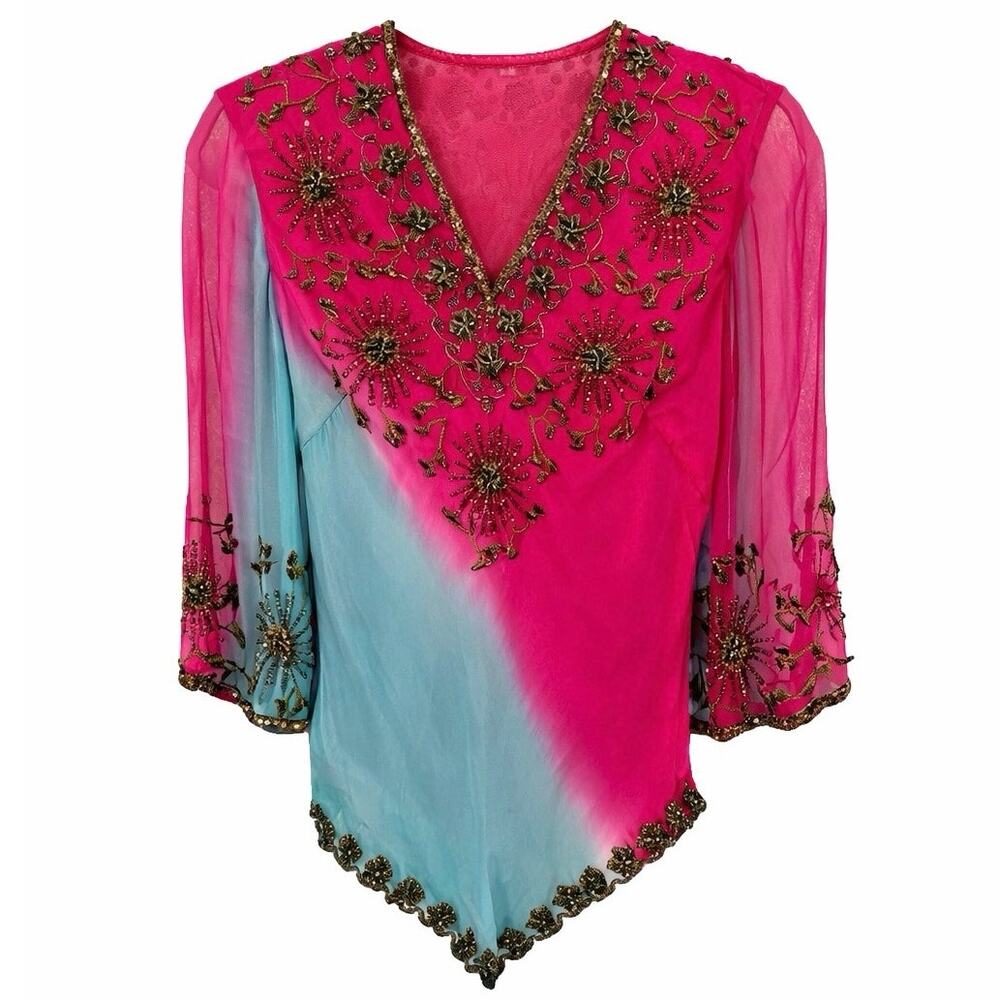 1980's Vintage Boston Proper Beaded Hombre Chiffon Blouse